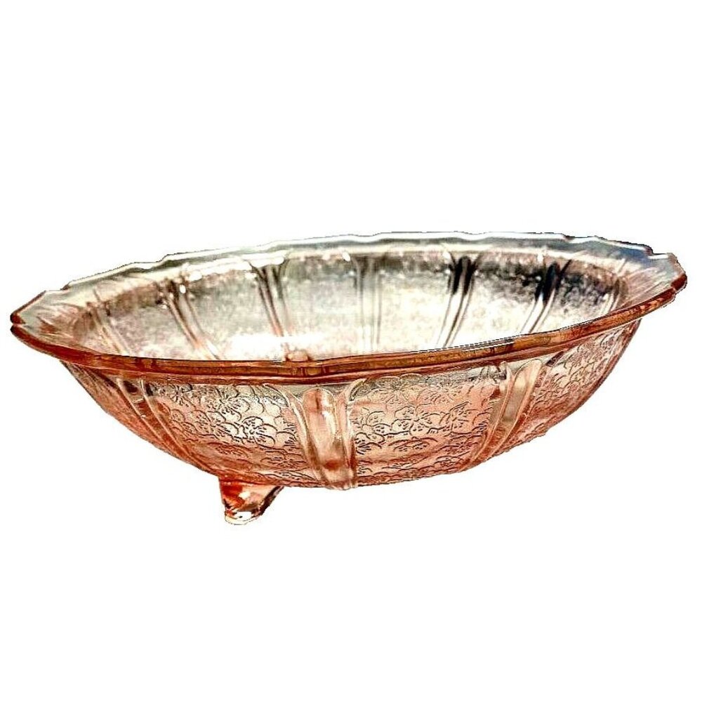 VTG Jeannette Glass Pink Depression Cherry Blossom Etched Footed Serving Bowl